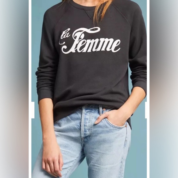 Anthropologie Sol Angeles La Femme Sweatshirt Black Crewneck Size Medium - Picture 1 of 5